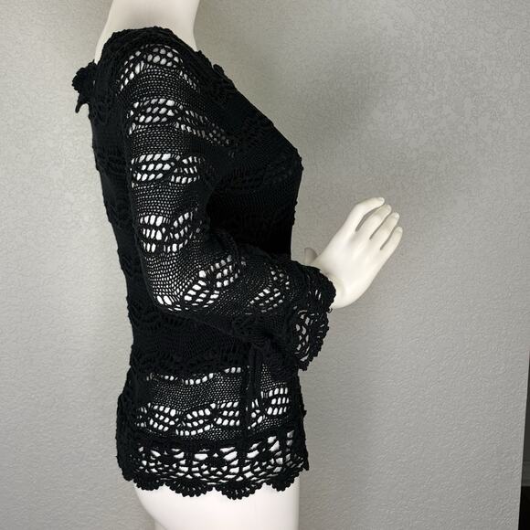 Y2K JOSEPH A. Womens Sweater Open Knit Crochet Bell Slv Black Whimsigoth Size S - Picture 6 of 7